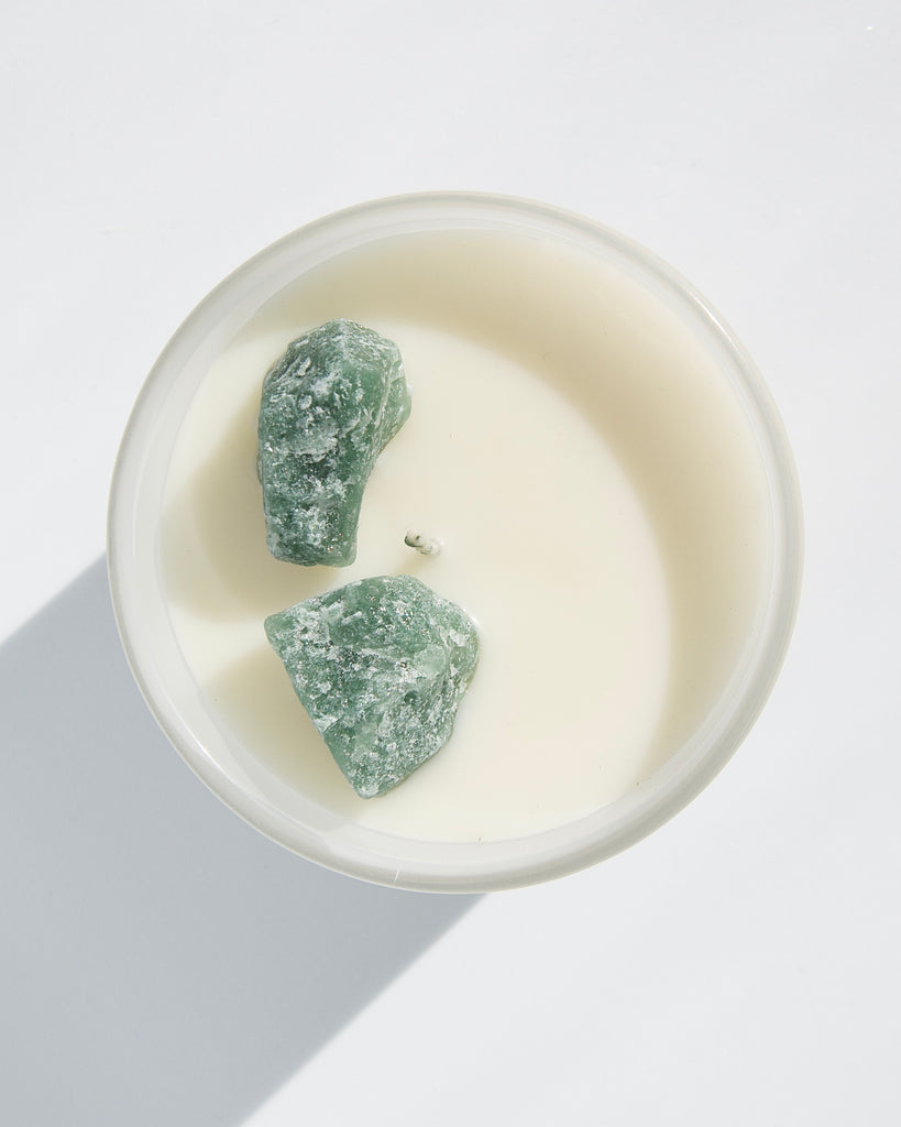 Arora London Grateful Green Aventurine Crystal Candle infused with Ylang Ylang and Clary Sage essential oils in large 30cl frosted glass container.    