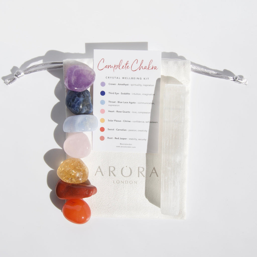 Arora London Complete Chakra Crystal Wellbeing Kit with seven crystal tumblestones and selenite stick 