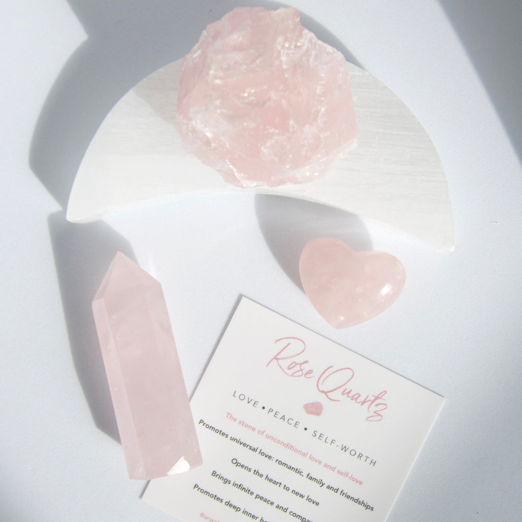 Arora London Rose Quartz Crystal Collection of rose quartz crystal tower, rose quartz heart and raw rose quartz crystal piece