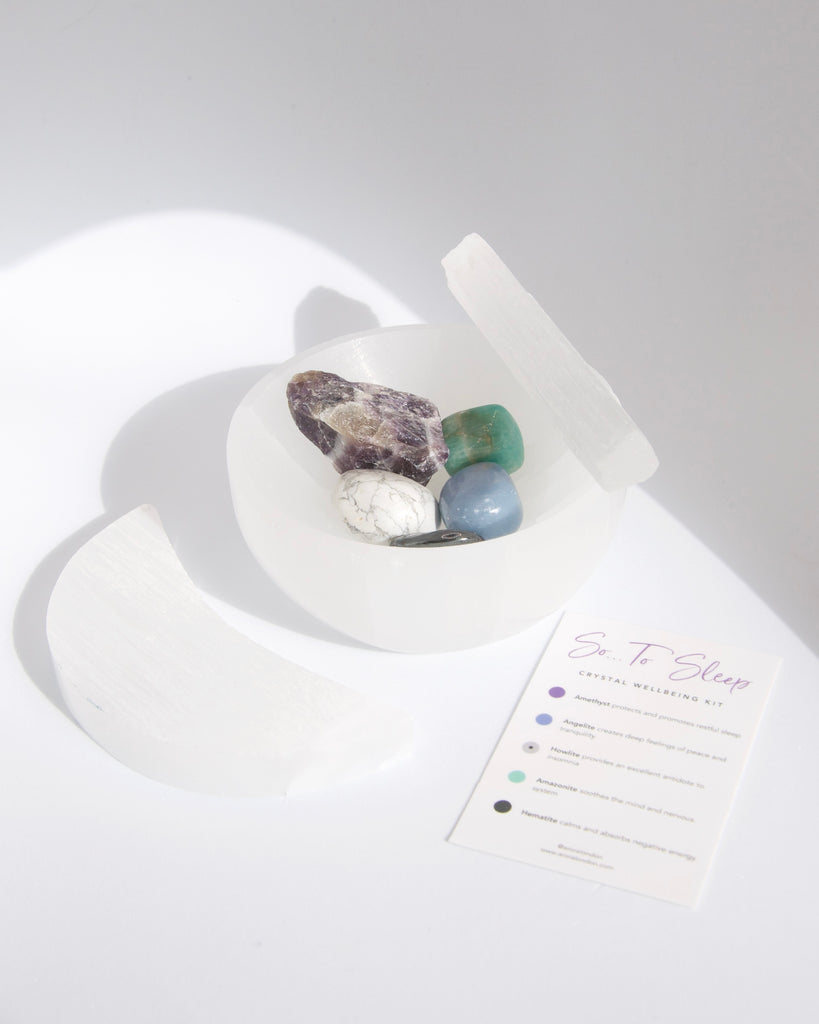 Arora London So to Sleep Crystal Wellbeing Kit with five soothing crystals and selenite stick