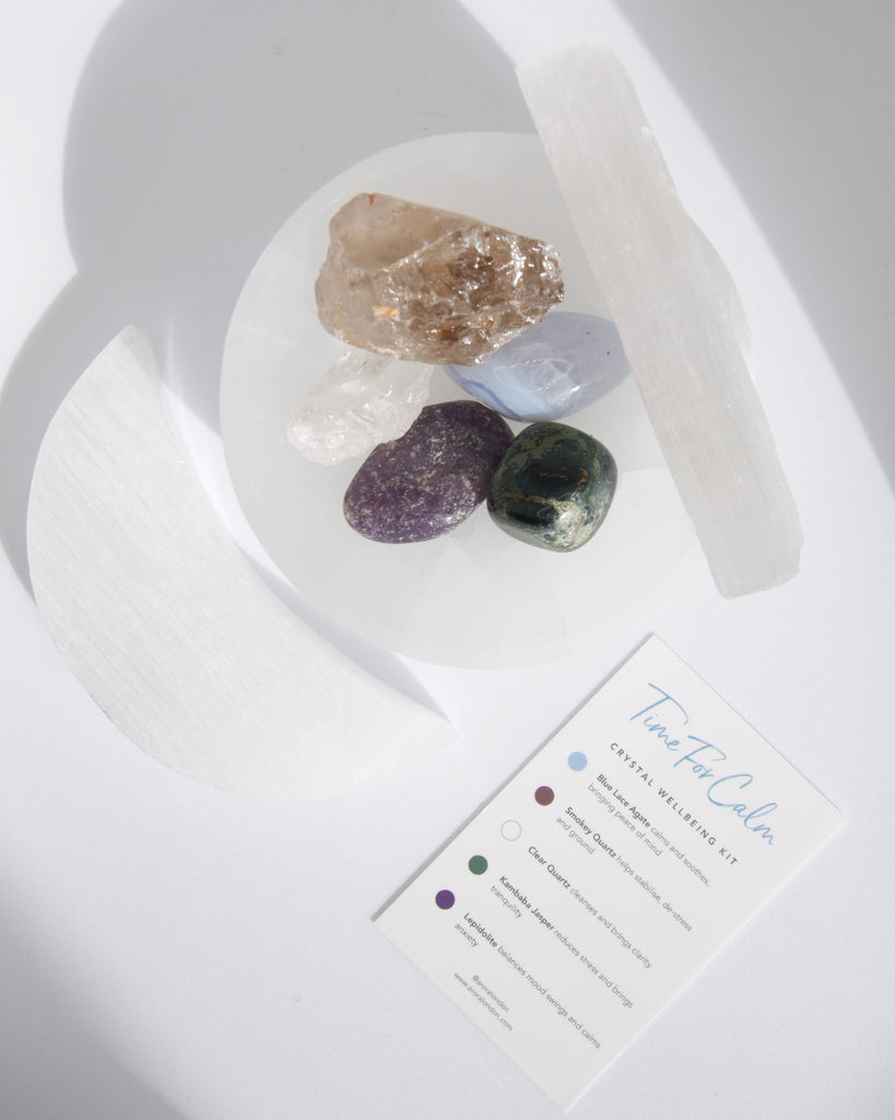 Arora London Time for Calm Crystal Wellbeing Kit with five relaxing crystals and selenite stick