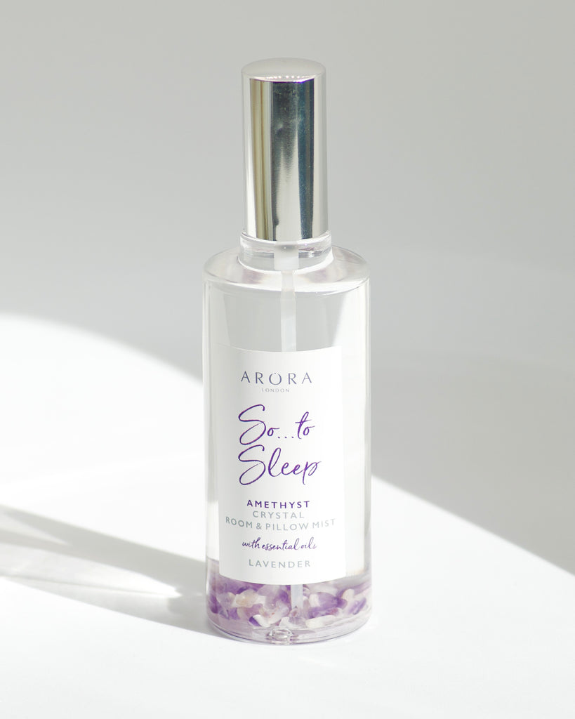 Arora London So to Sleep Amethyst Crystal infused Room and Pillow Mist Spray with essential oils in 100ml glass bottle 