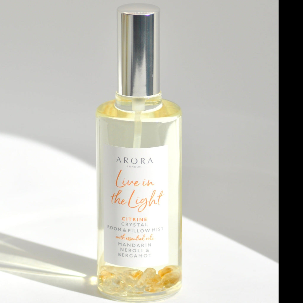 Arora London Live in the Light Citrine Crystal infused Room and Pillow Mist Spray with essential oils in 100ml glass bottle 
