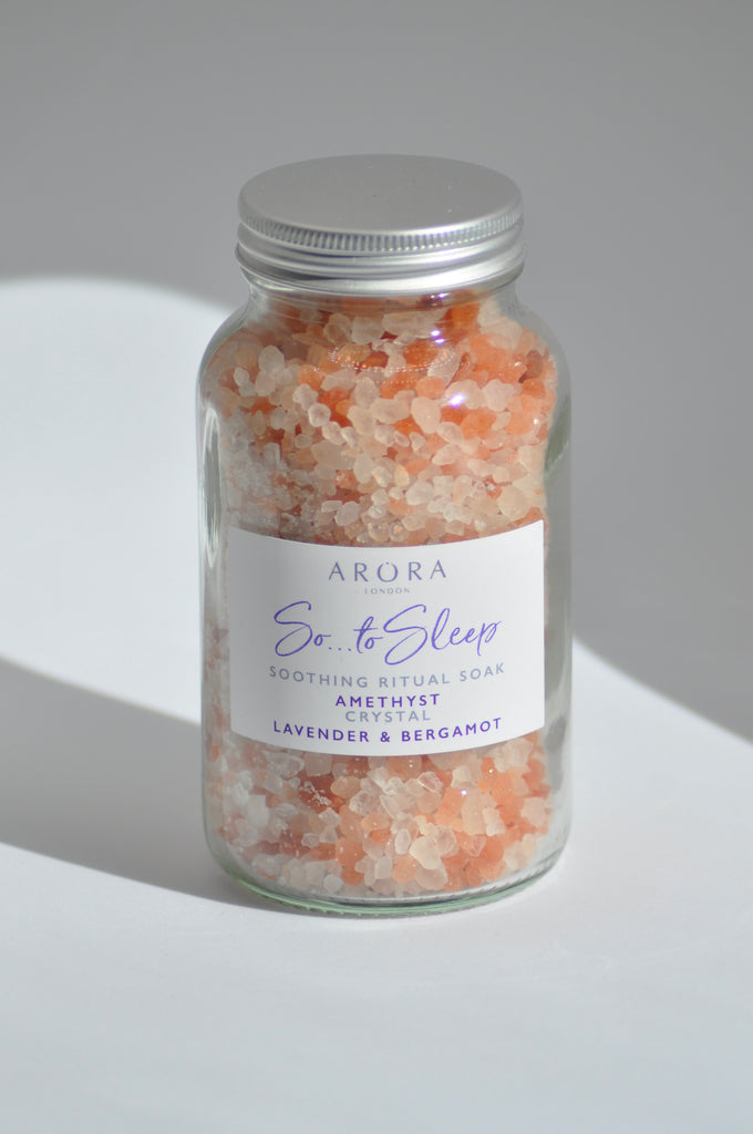 Arora London So To Sleep Soothing Ritual Bath Soak with Amethyst Crystal in 300g glass jar