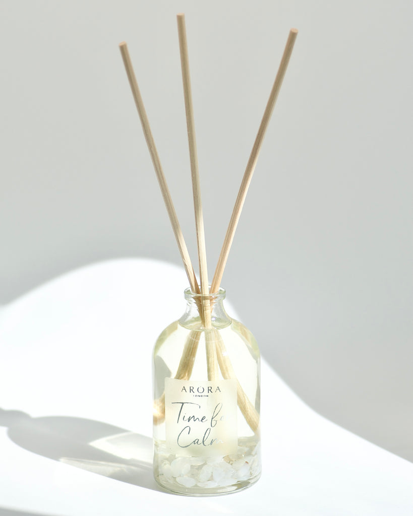 Arora London Time for Calm Blue Lace Agate Crystal infused Reed Diffuser with essential oils in 100ml glass bottle with rattan reeds