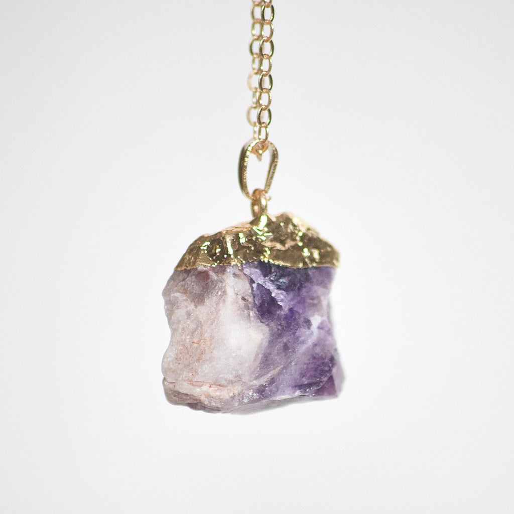 Amethyst Raw Crystal Pendant on gold chain necklace