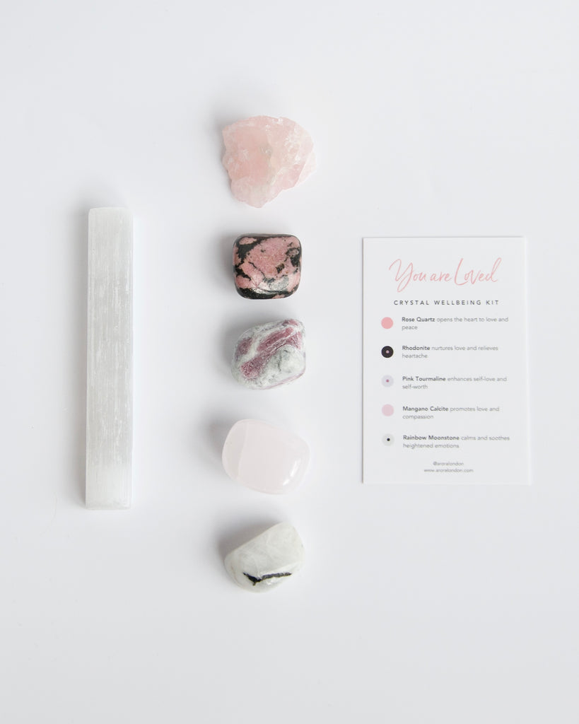 Arora London You are Loved Crystal Wellbeing Kit with five crystals for love and selenite stick