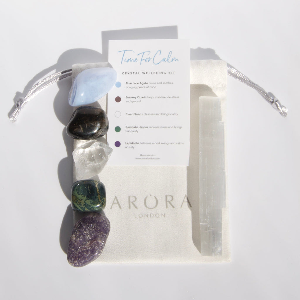 Arora London Time for Calm Crystal Wellbeing Kit with five relaxing crystals and selenite stick