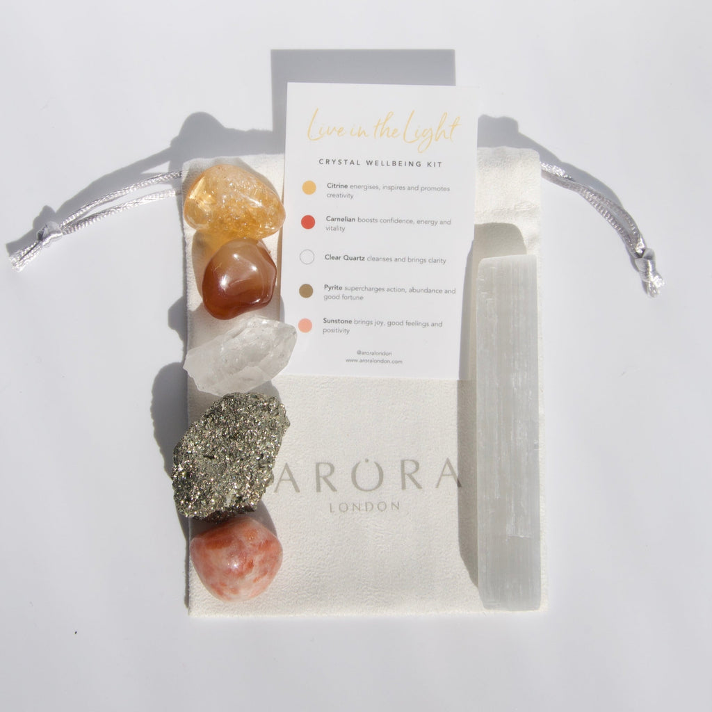 Arora London Live in the Light Crystal Wellbeing Kit with five crystals for inspiration and selenite stick