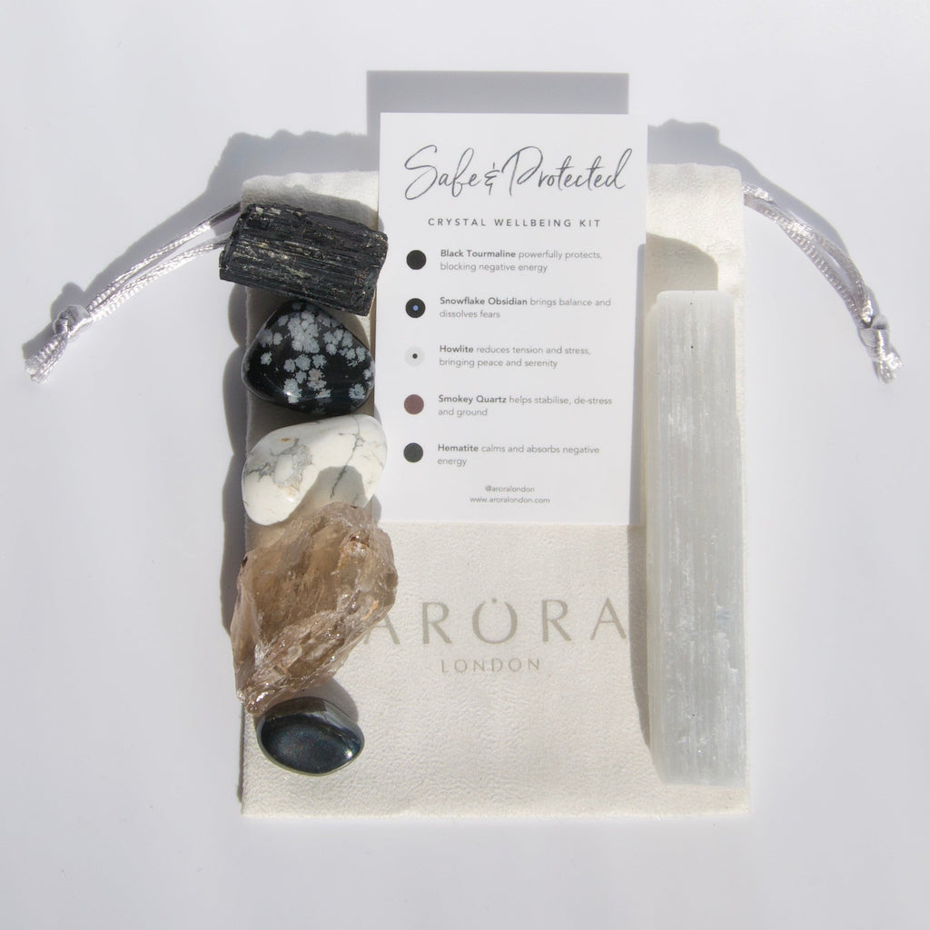 Arora London Safe and Protected Crystal Wellbeing Kit with five crystals for protection and selenite stick