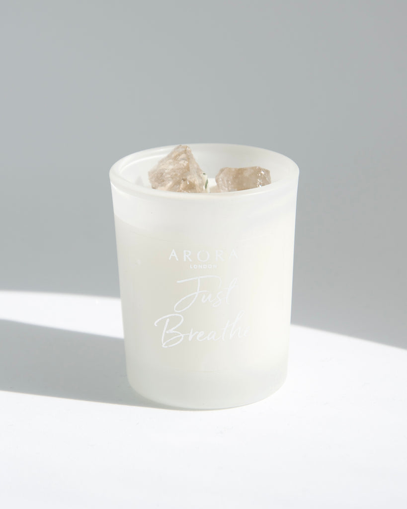 Arora London Just Breathe Smokey Quartz Crystal Travel Candle infused with Eucalyptus and Peppermint essential oils in 9cl frosted glass container