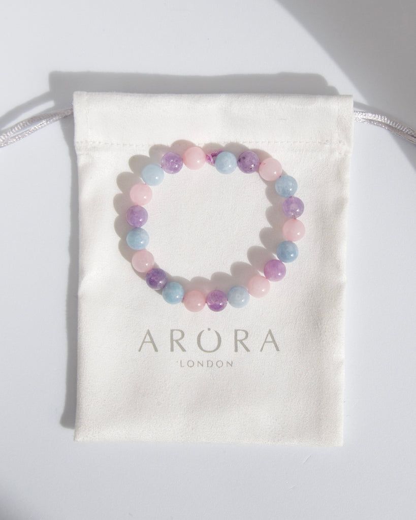 Aquamarine, Amethyst and Rose Quartz Crystal Gemstone 8mm bead bracelet